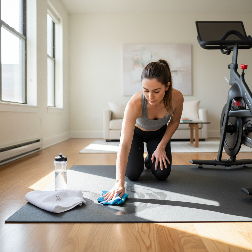 Indoor cycling mat being wiped down after a sweaty ride