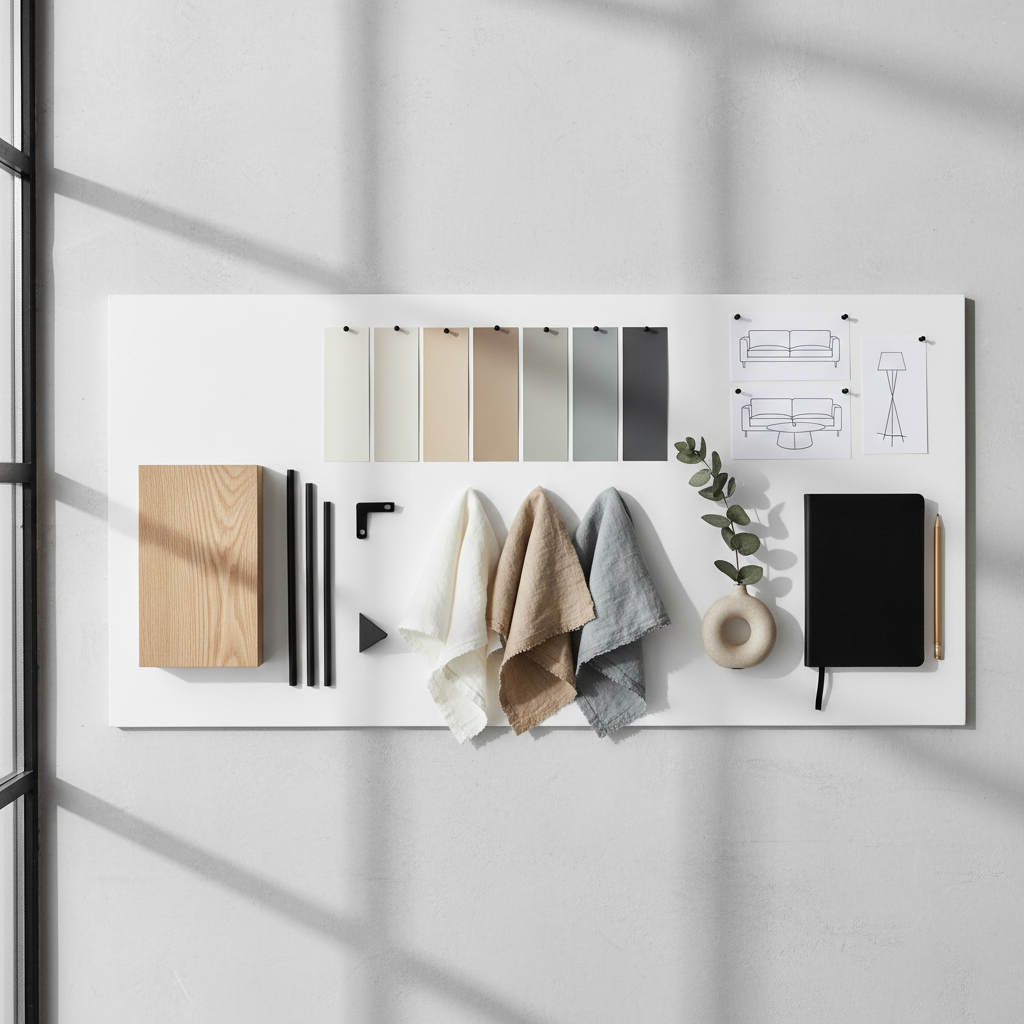 Modern minimalist room mood board with neutral colors, textures, and furniture silhouettes