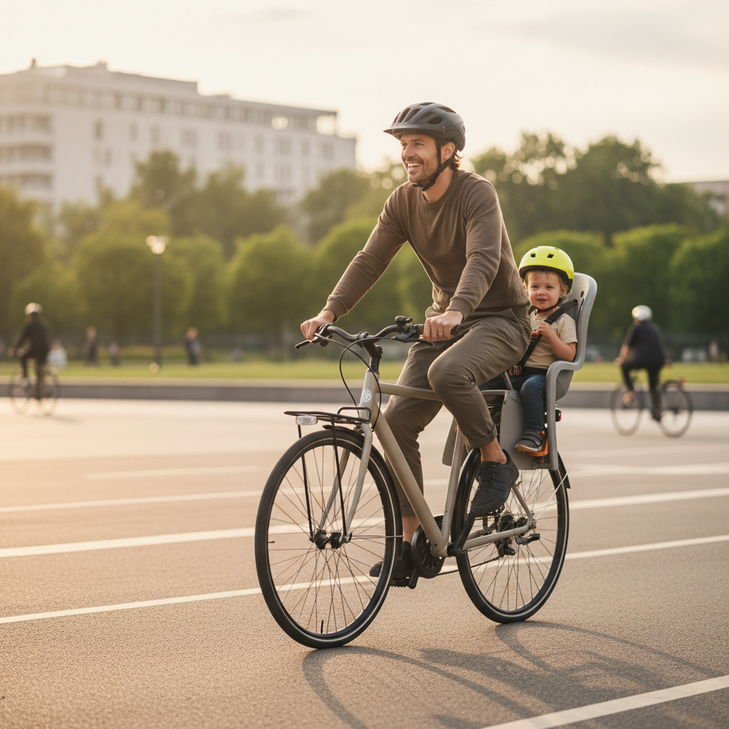 Parent riding a bike with a toddler bike seat on a city bike path