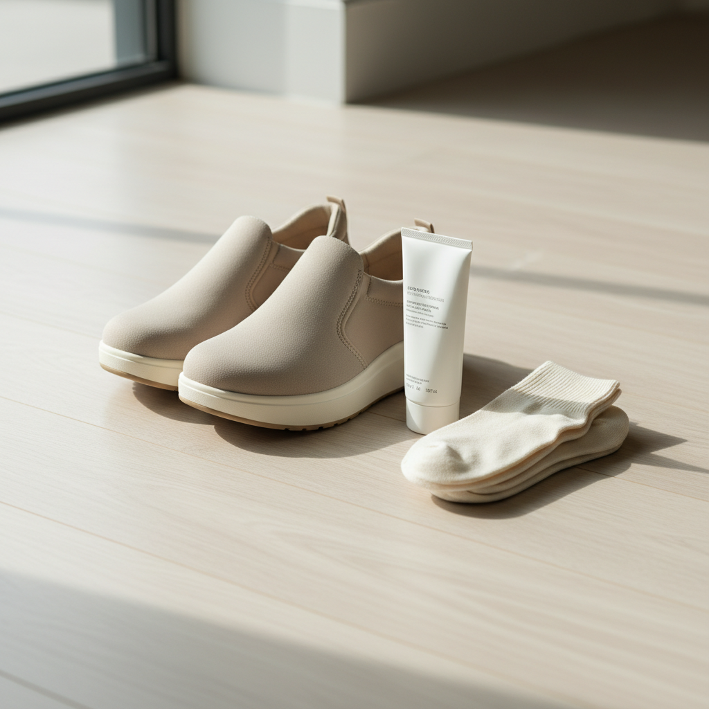 Supportive closed-back shoes and heel care items to prevent cracked heels