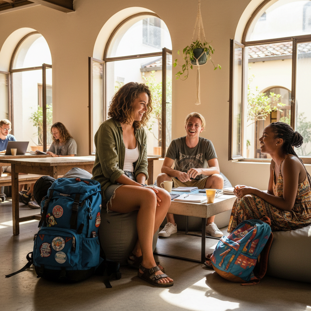 Solo traveler chatting with new friends at a hostel common area