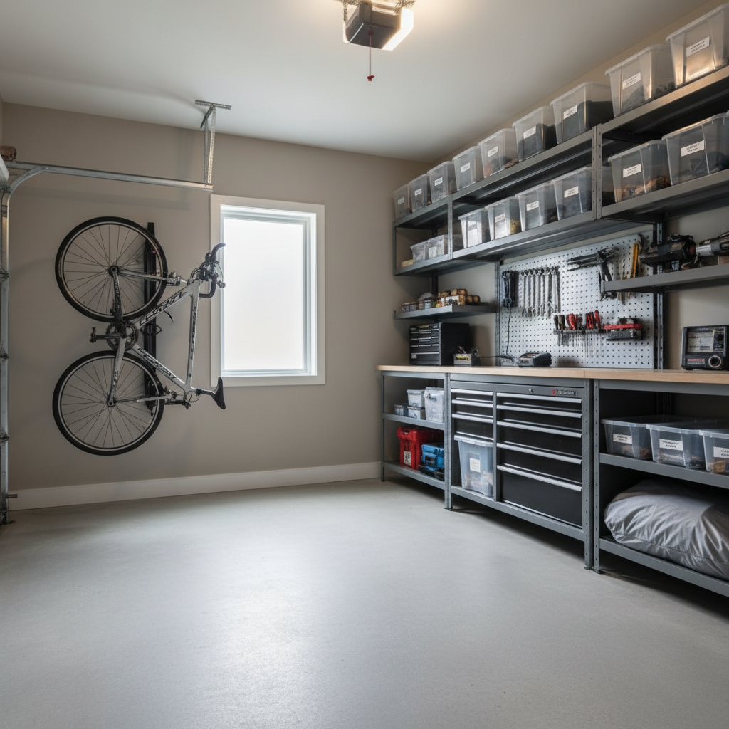 Home garage bike parking rack setup with two bikes stored neatly