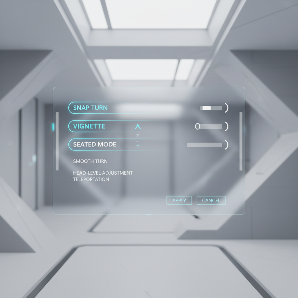 Comfort settings menu in a VR shooter with snap turn and vignette options