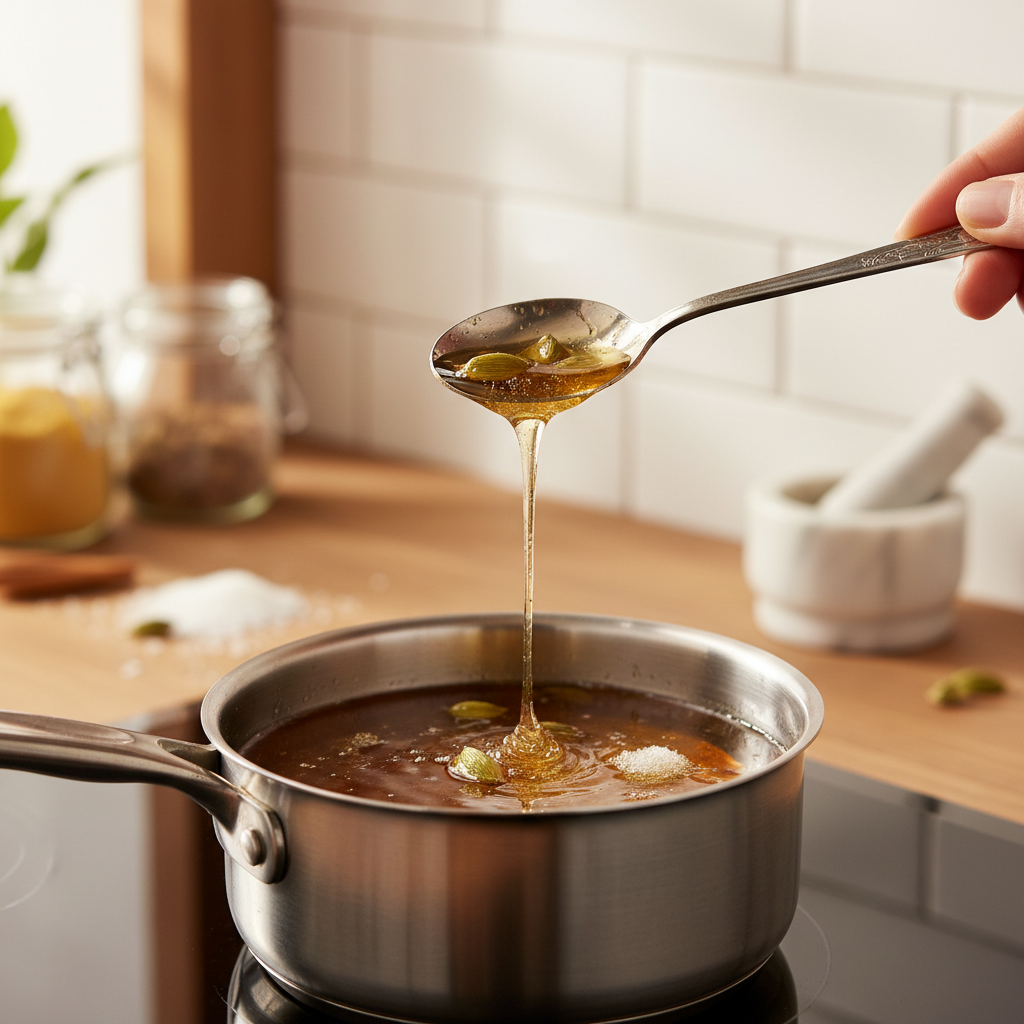 Jalebi sugar syrup at one-thread consistency in a saucepan