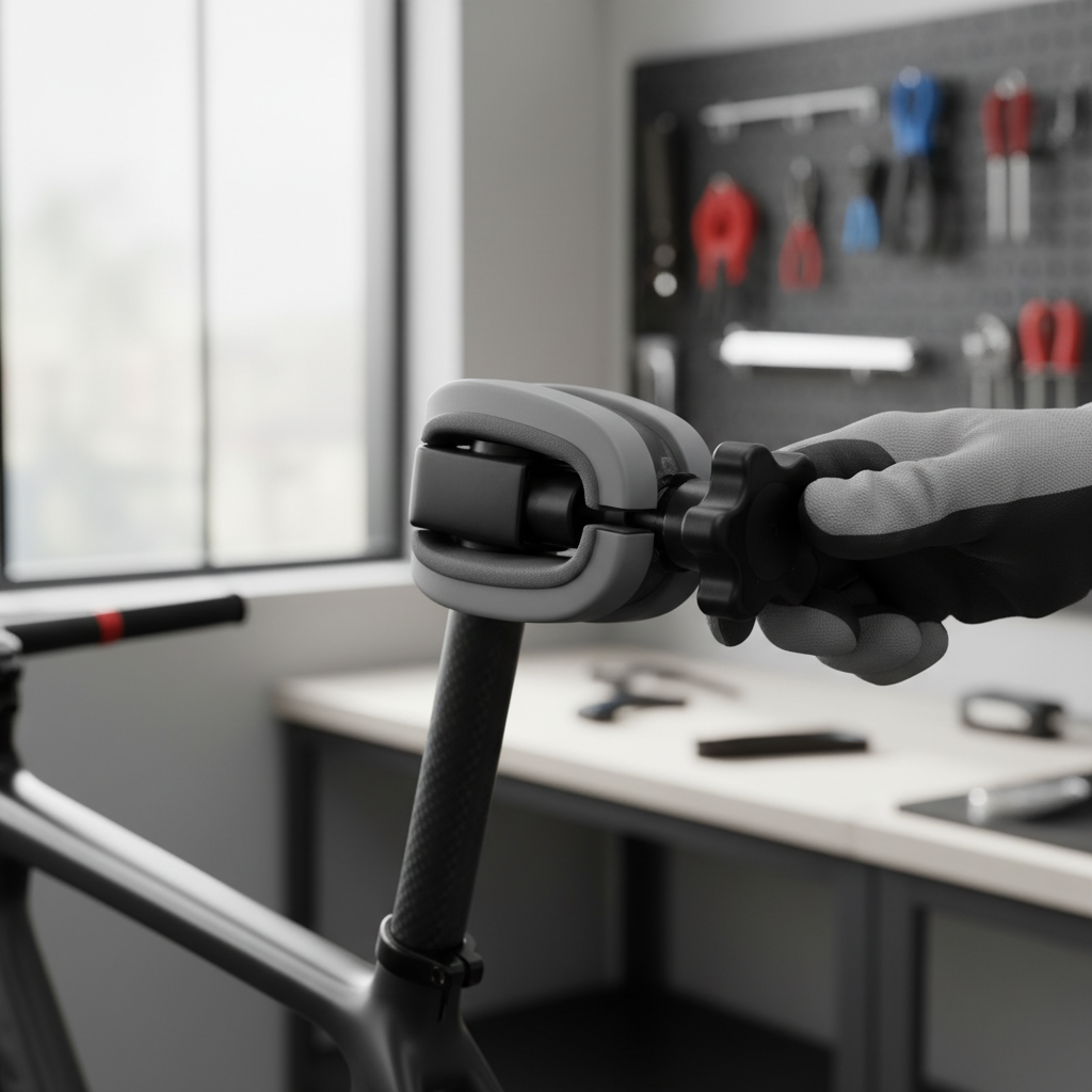 Close-up of a bike repair stand clamp holding a seatpost with proper padding