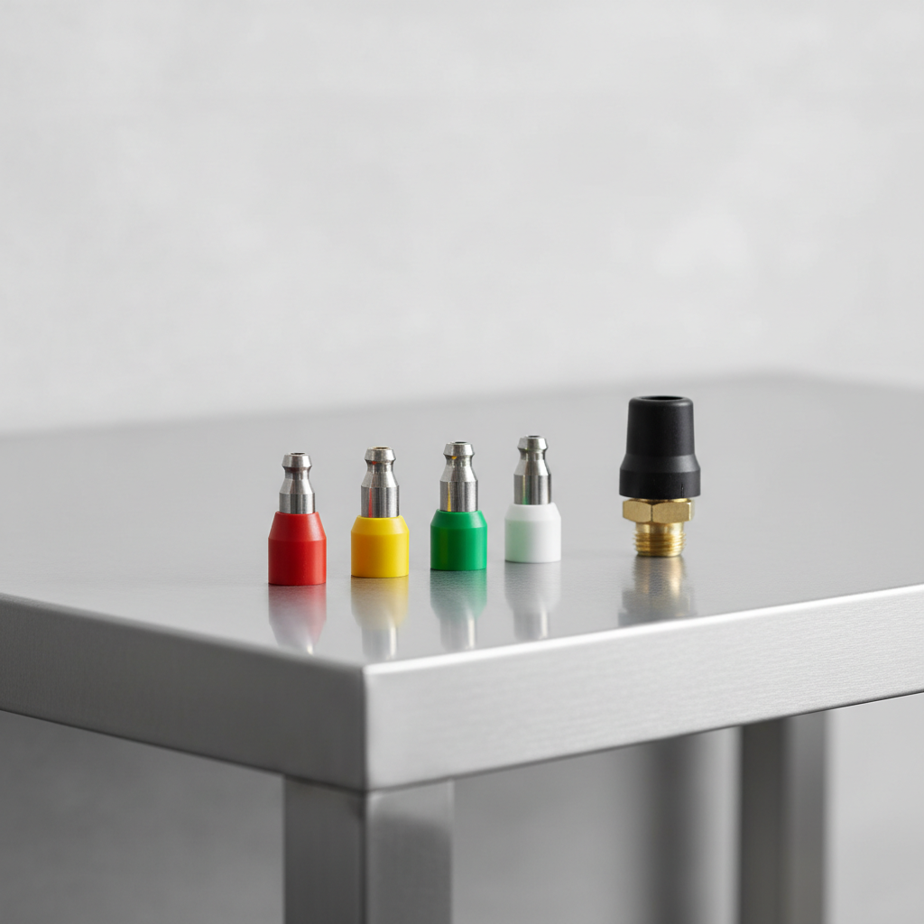 Pressure washer nozzle tips and spray angles laid out on a workbench