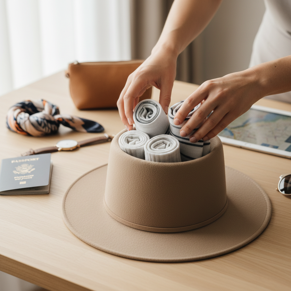Stuffing a fedora crown with socks to prevent dents while packing