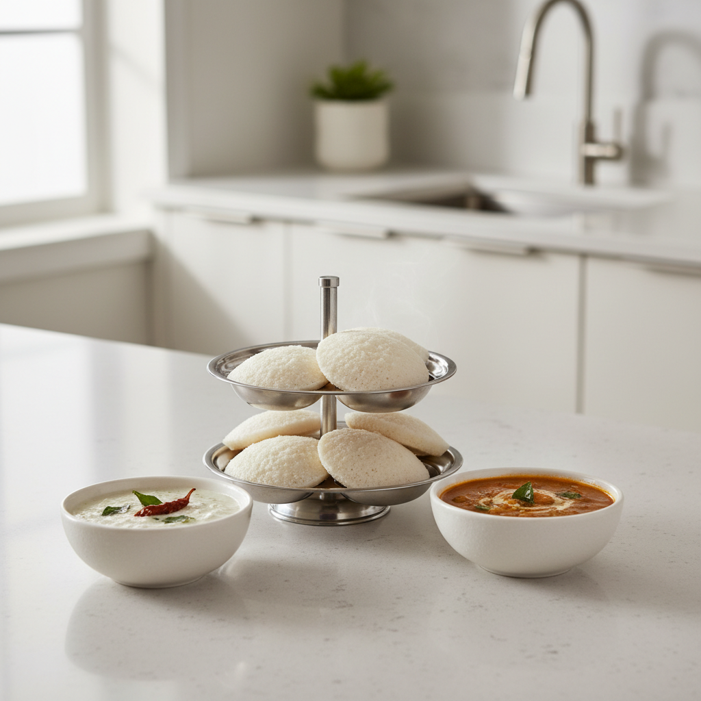Soft fluffy idlis in an idli stand with coconut chutney and sambar