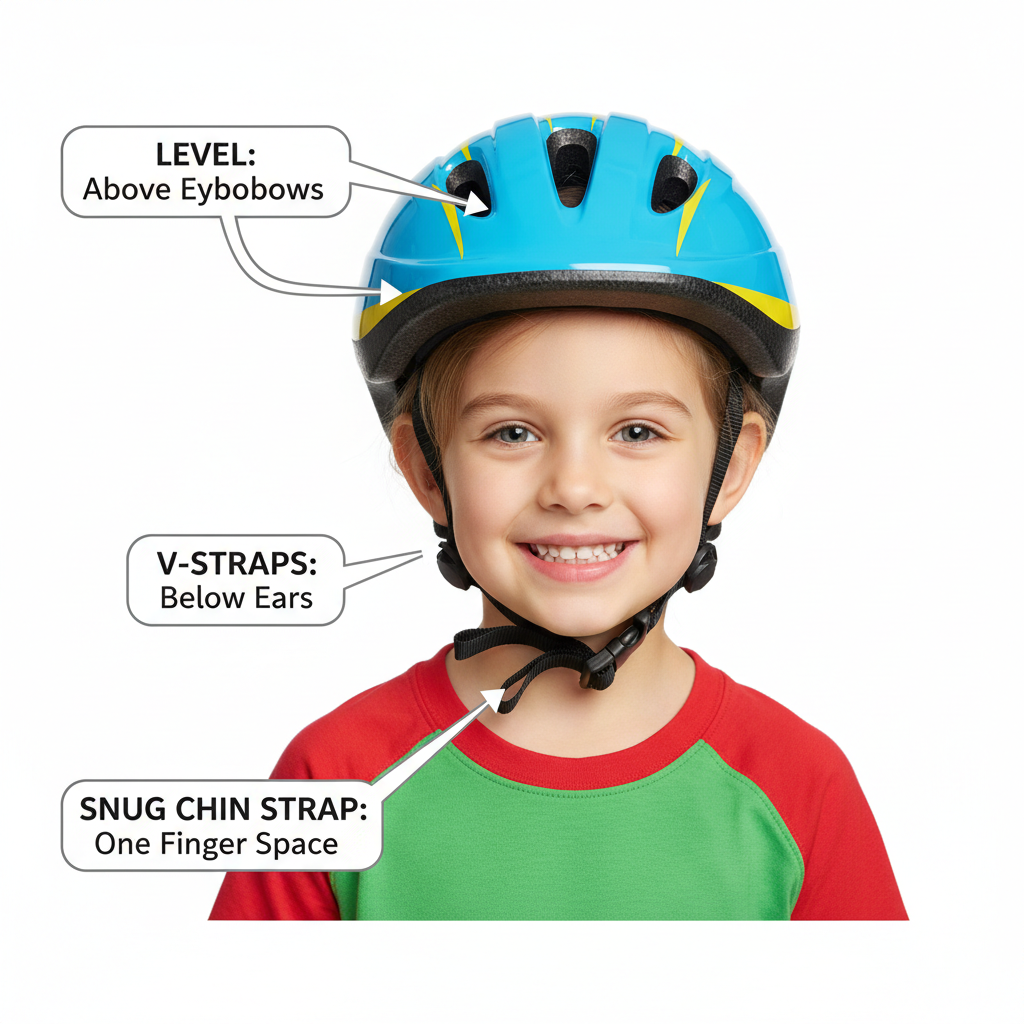 Kids bike helmet fit checklist showing level position and V-shaped straps