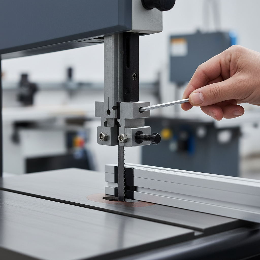 Close-up of band saw blade guides and fence setup for straight cuts