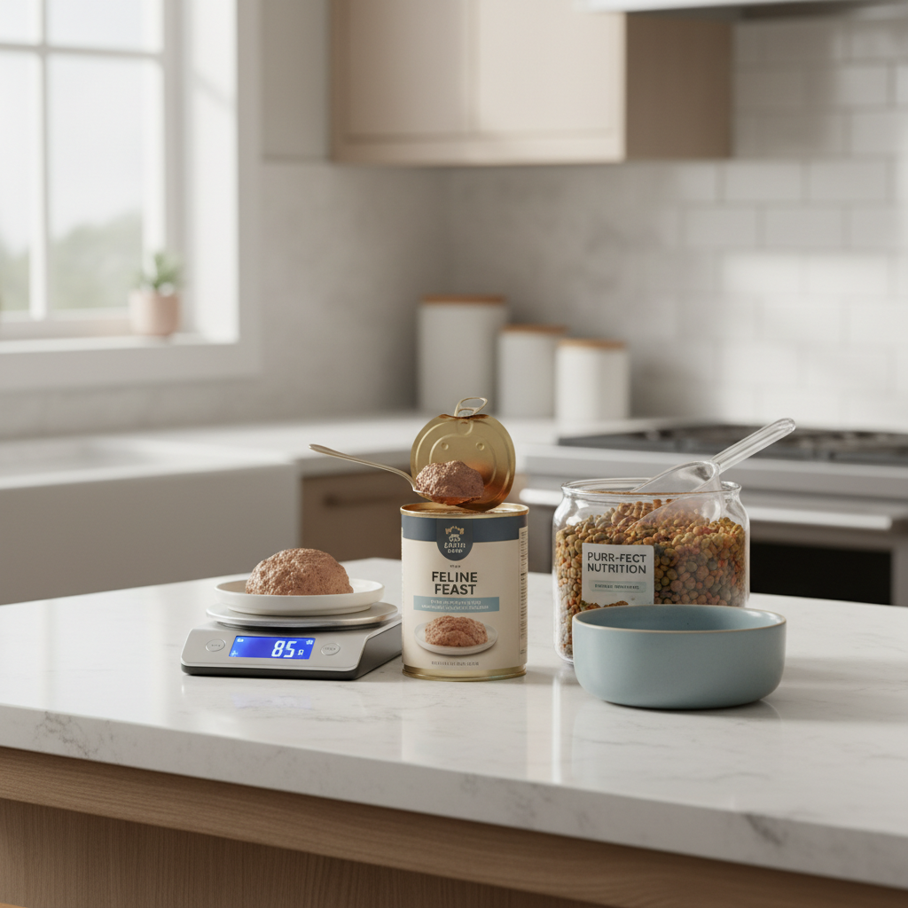 Wet cat food portion and measuring scoop to manage Maine Coon calories