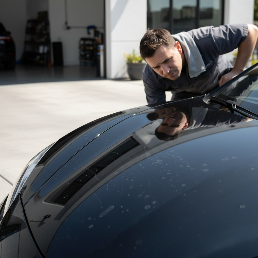 Inspecting car paint for bird poop etching under sunlight reflections
