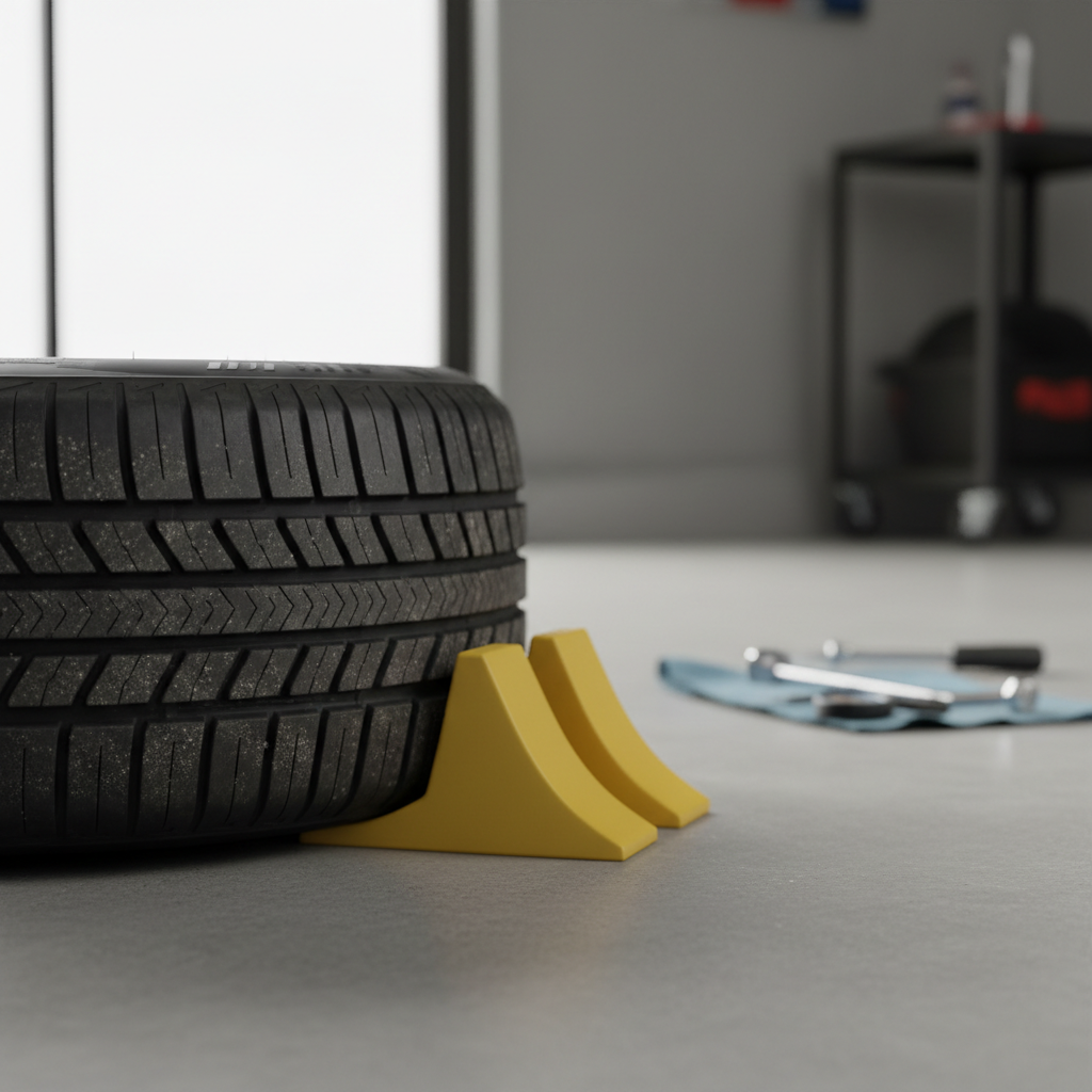 Close-up of rubber wheel chocks placed behind a tire before lifting a vehicle