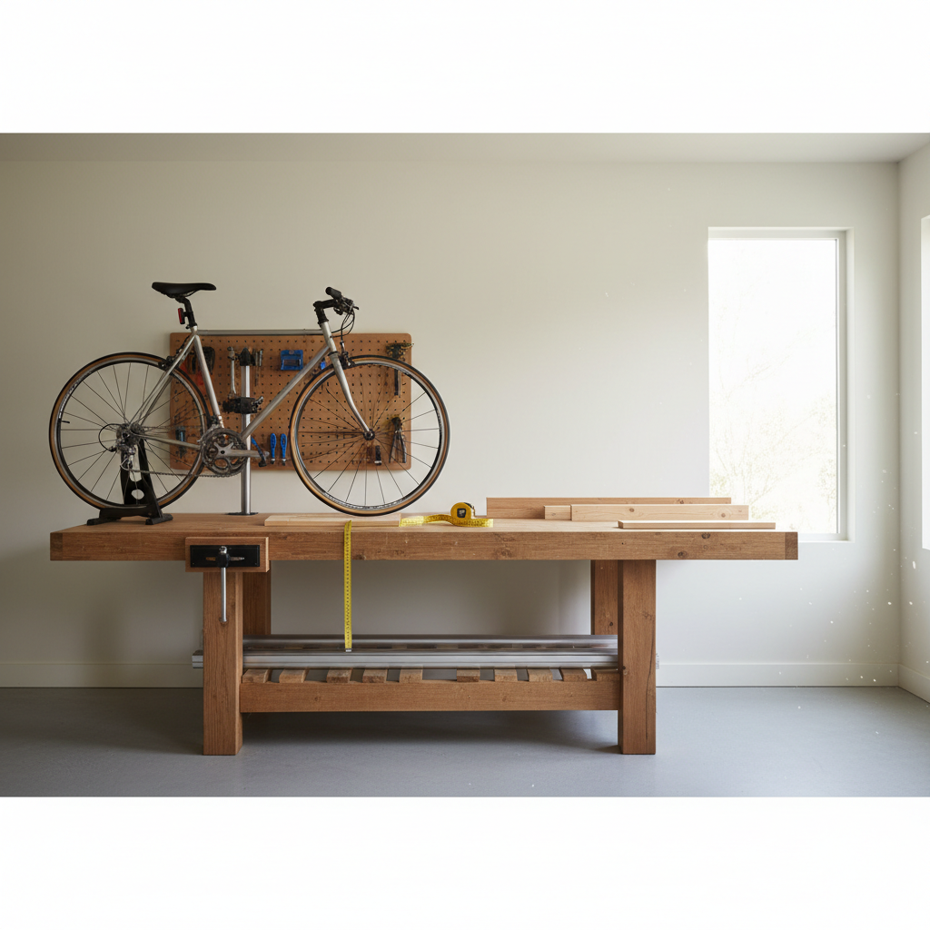 DIY bike parking rack planning in a garage with measuring tape and bike