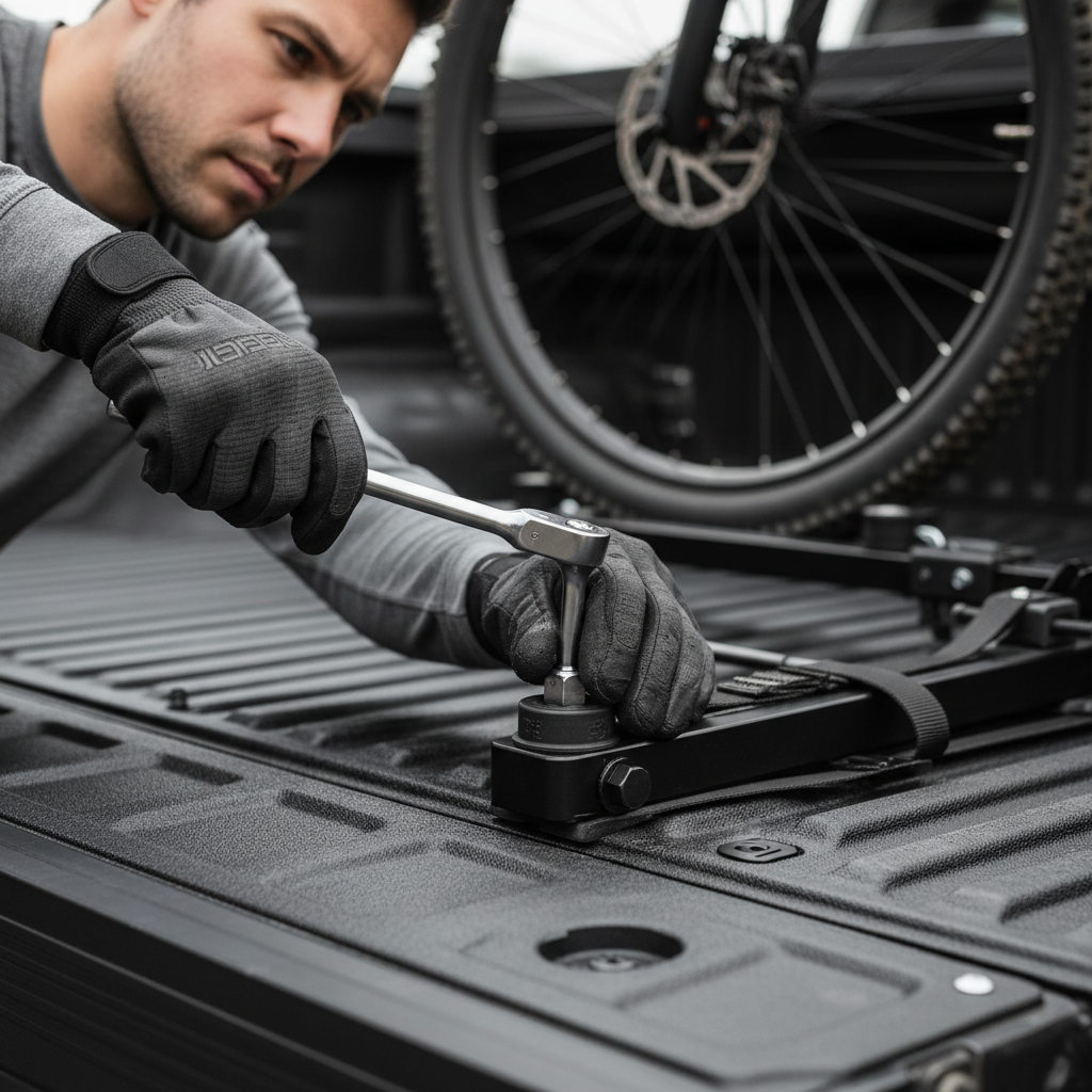 Truck bed bike rack installation with torque wrench and tie-down points shown clearly