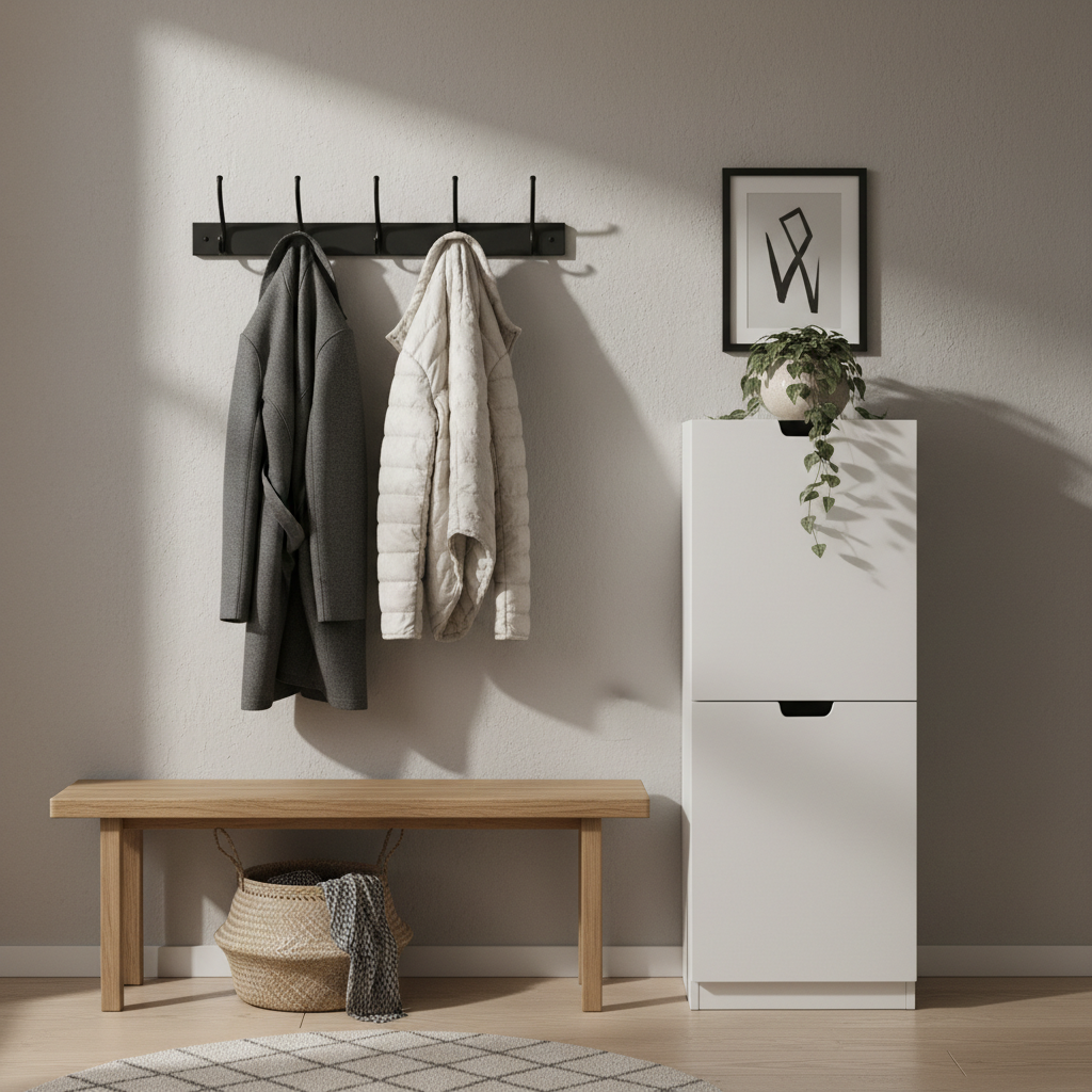 Entryway storage ideas for a small space: hooks, bench, and shoe cabinet