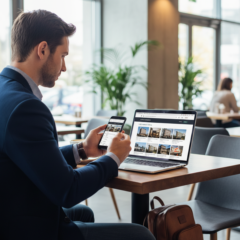 Traveler comparing last minute hotel prices on phone and laptop