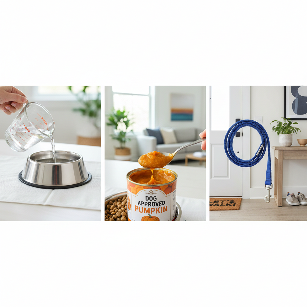 Home plan for helping a constipated dog with water, wet food, and short walks