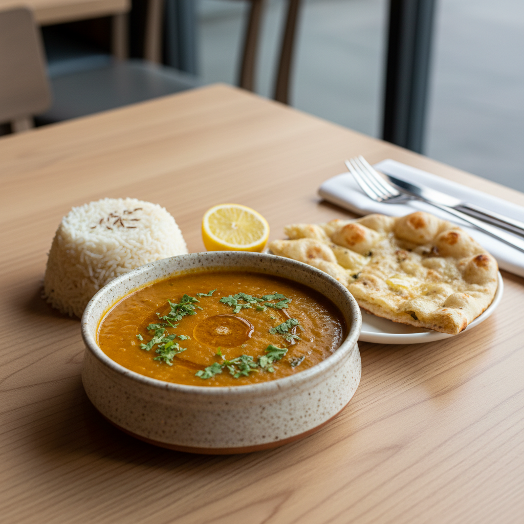 Dal fry served in a bowl with rice, cilantro, and lemon wedge