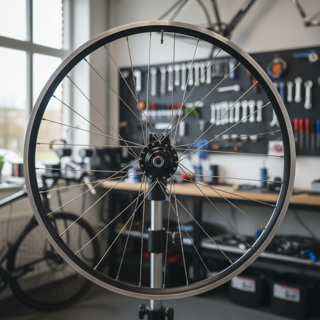 Close-up of a bicycle wheel showing spokes, nipples, and rim for spoke truing