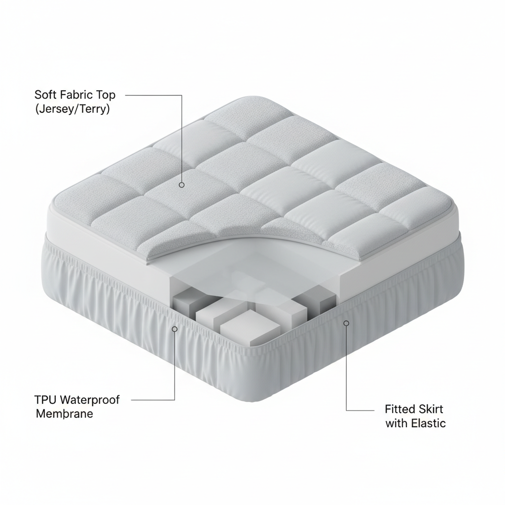 Cross section of waterproof mattress protector layers showing fabric and waterproof membrane