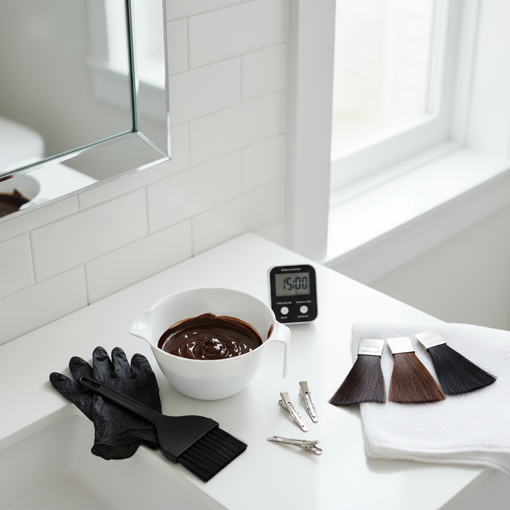 At-home hair coloring setup for dark hair with bowls, brush, gloves, and shade swatches