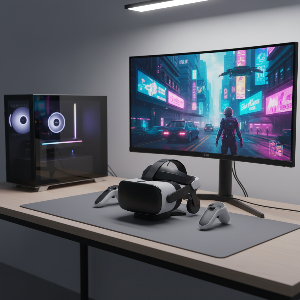 VR headset setup on a desk with PC and controllers for PCVR cyberpunk games