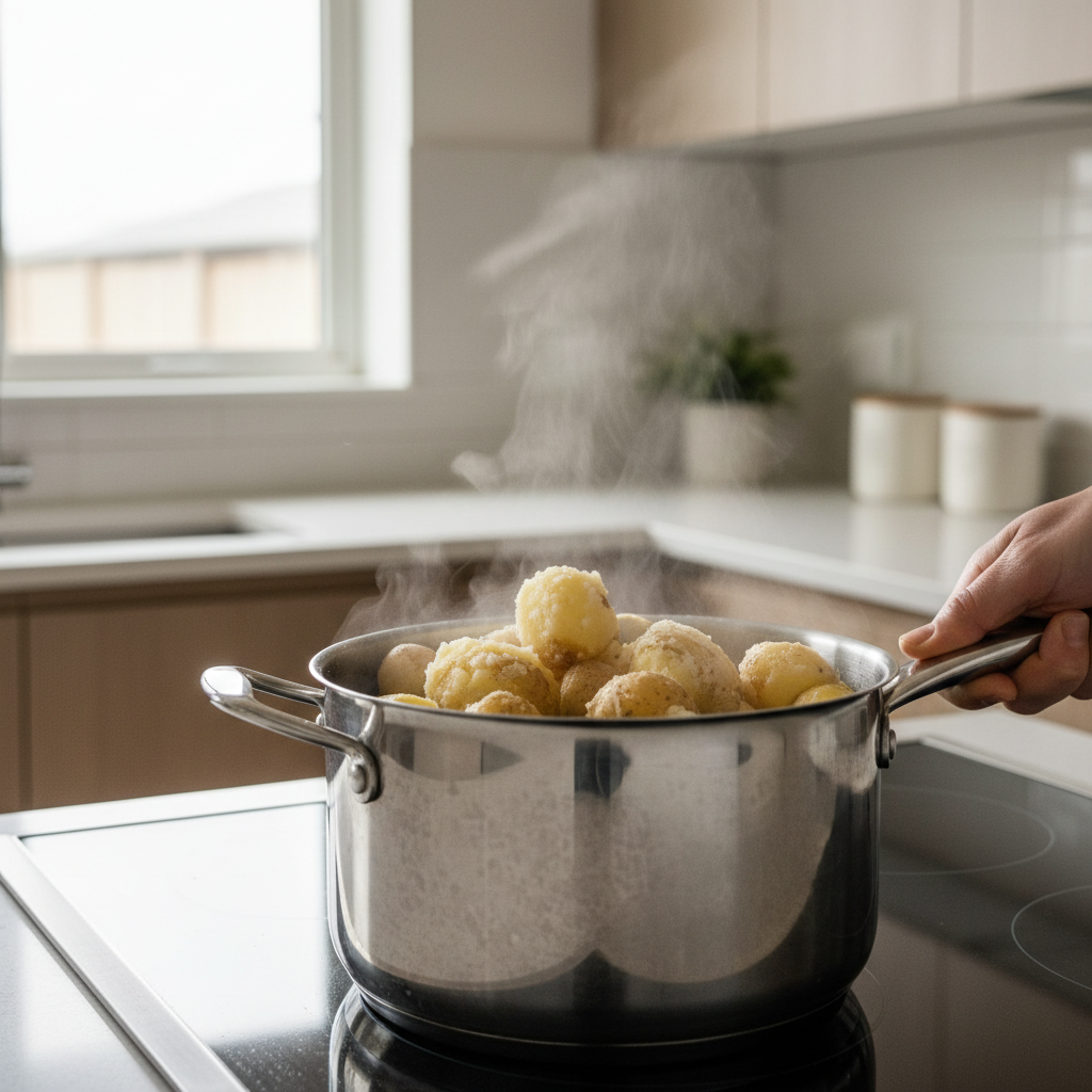 Parboiled potatoes being shaken to rough up starchy edges before roasting