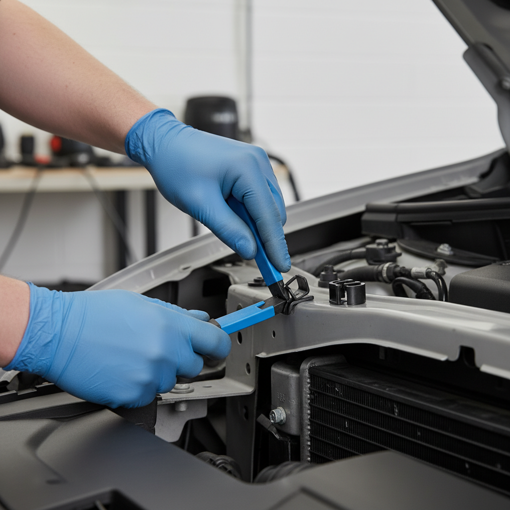 Replacing a hood prop rod retaining clip with a trim tool