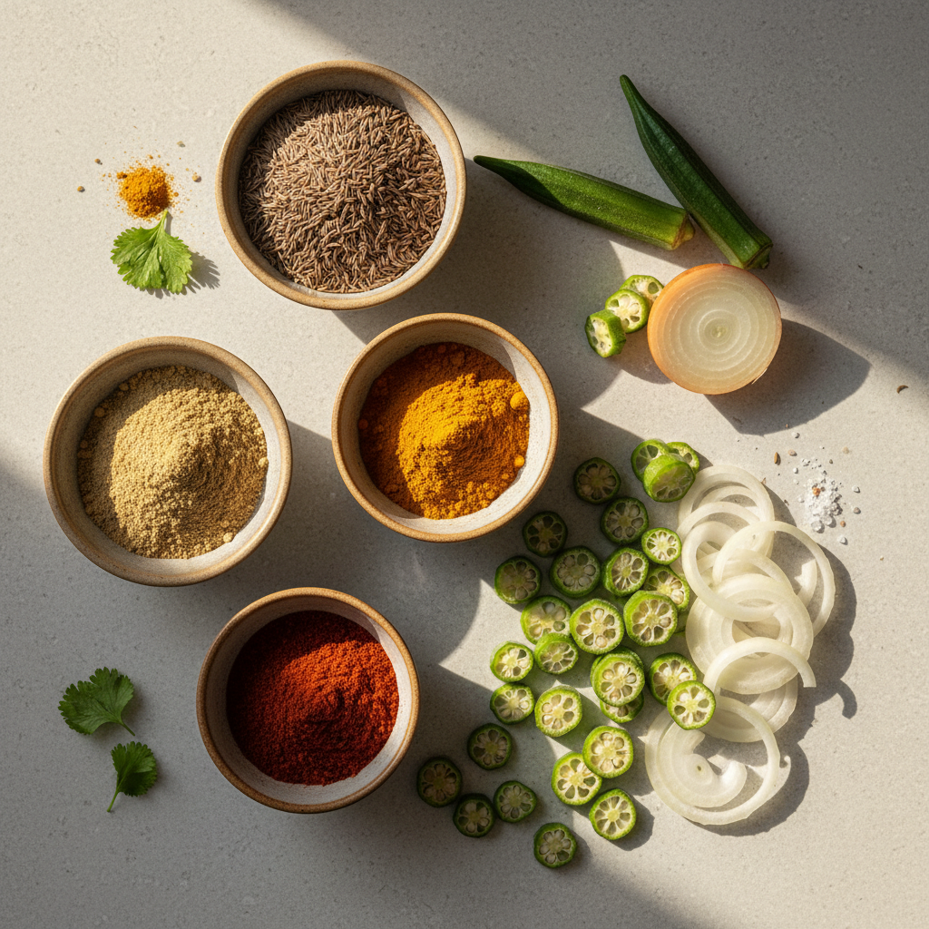 Spices and sliced okra prepared for bhindi fry on a countertop