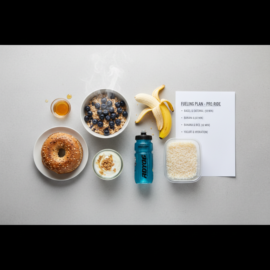 Pre-ride fueling table and snacks for long bike ride