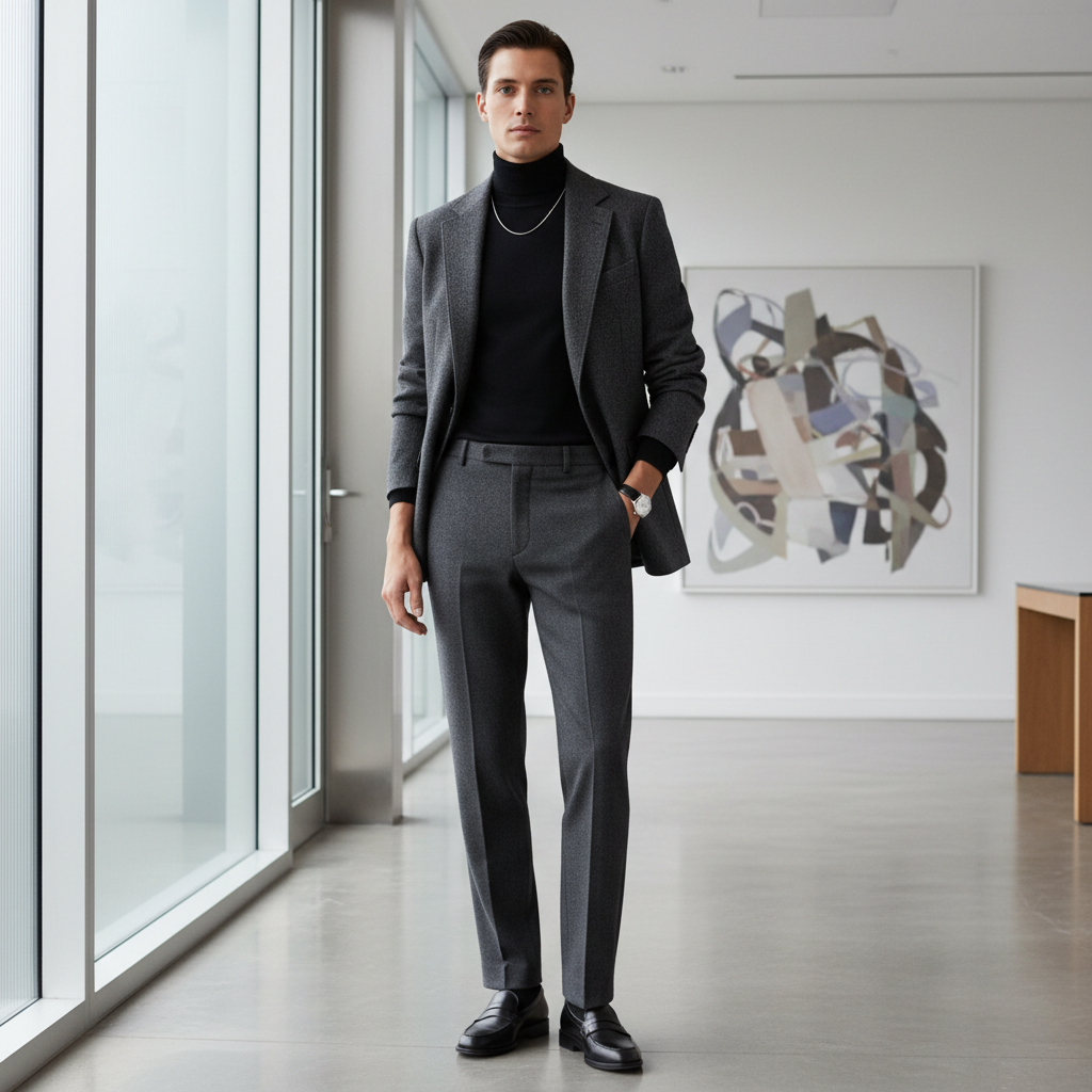 Black turtleneck layered under a blazer with tailored trousers for office style