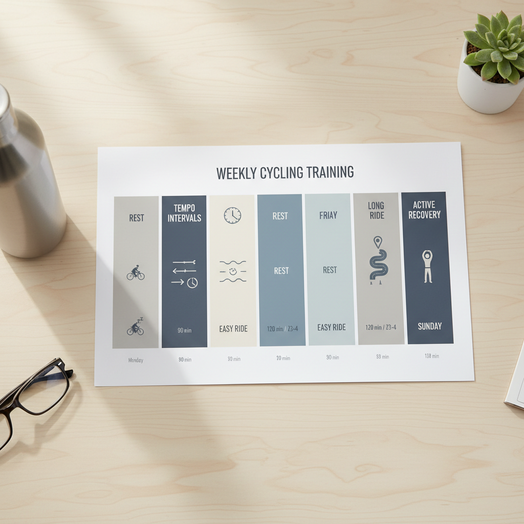 Long distance bike ride training week schedule with long ride, intervals, and recovery days