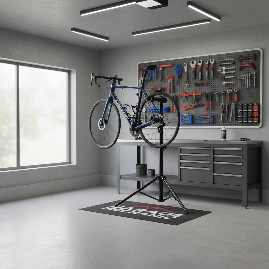Home garage bike maintenance setup with a repair stand holding a road bike
