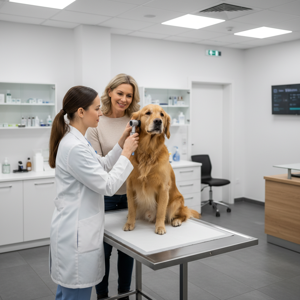 Veterinarian examining dog ear infection linked to allergies and diet
