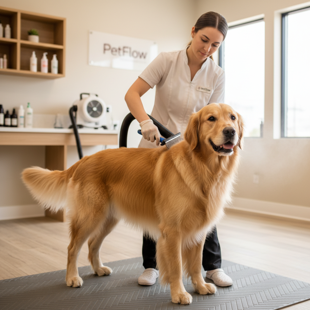 Safe technique using a pet dryer at distance while brushing a dog section by section