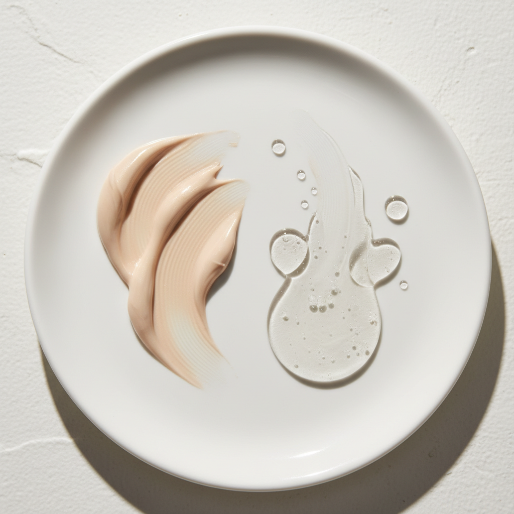 Close-up of facial sunscreen textures: mineral tinted cream and lightweight fluid