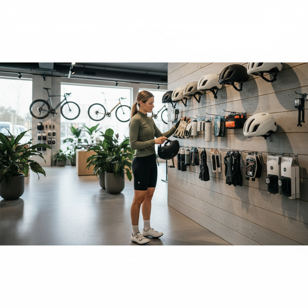 Woman cyclist choosing cycling gifts and accessories in a modern bike shop