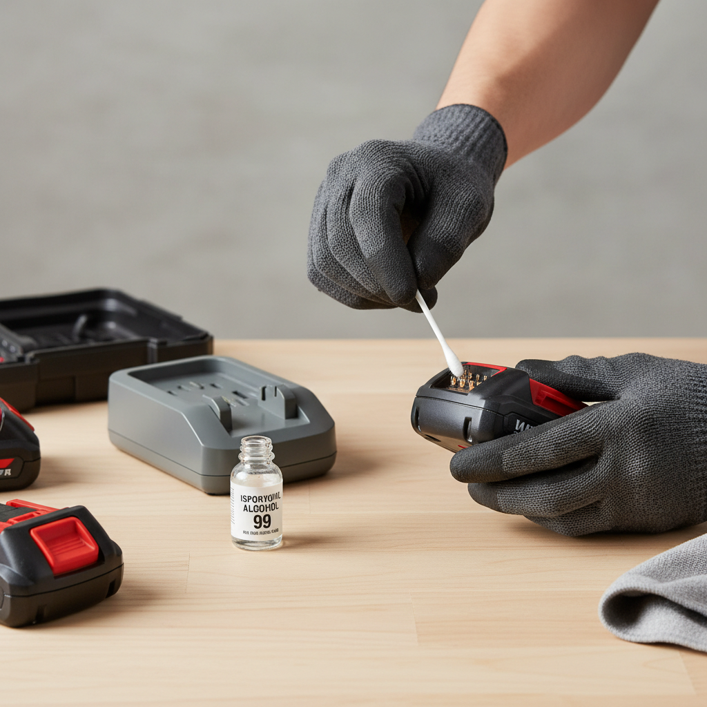 Cleaning cordless tool battery terminals safely with cotton swab