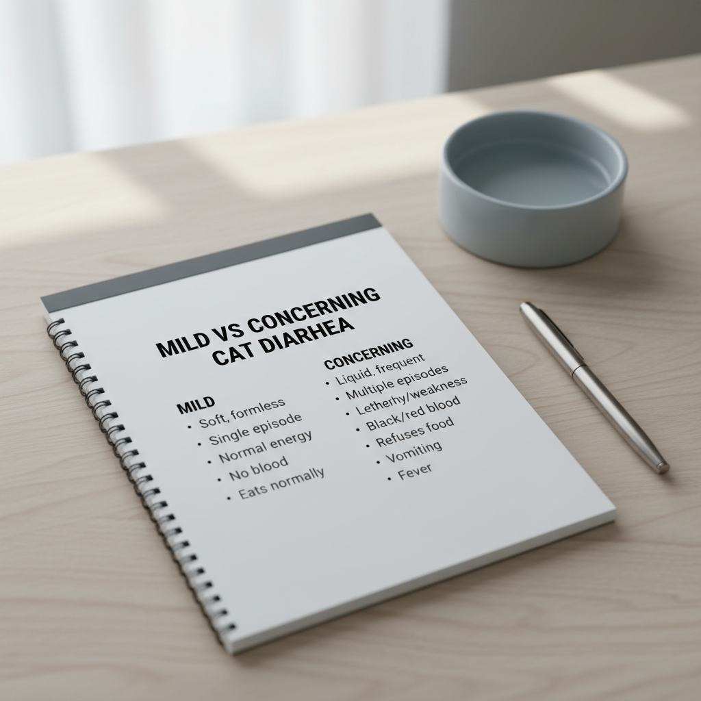 Checklist for mild vs concerning cat diarrhea signs on a notepad