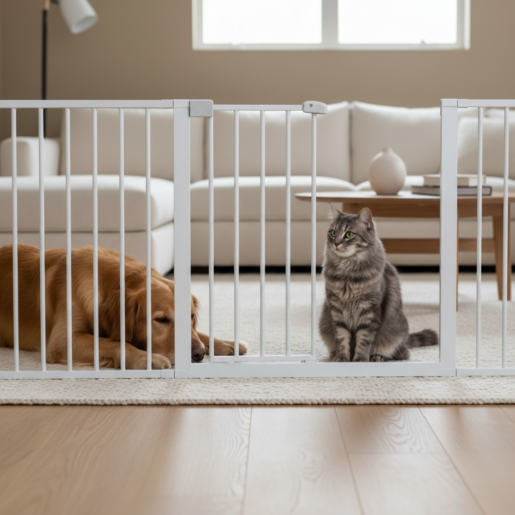 Dog and cat separated by a baby gate during a safe introduction setup