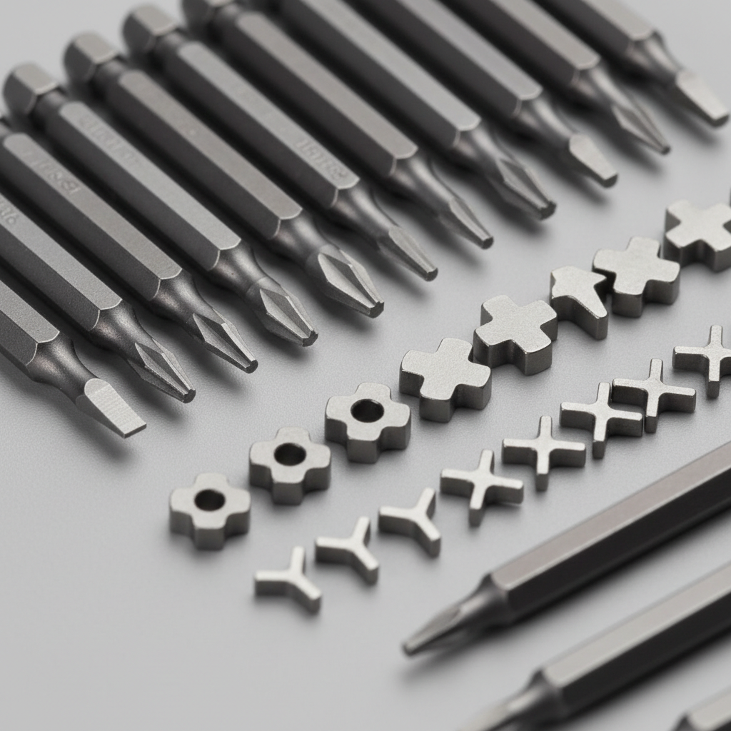Close-up of micro screwdriver bits showing Torx, Phillips, and security profiles