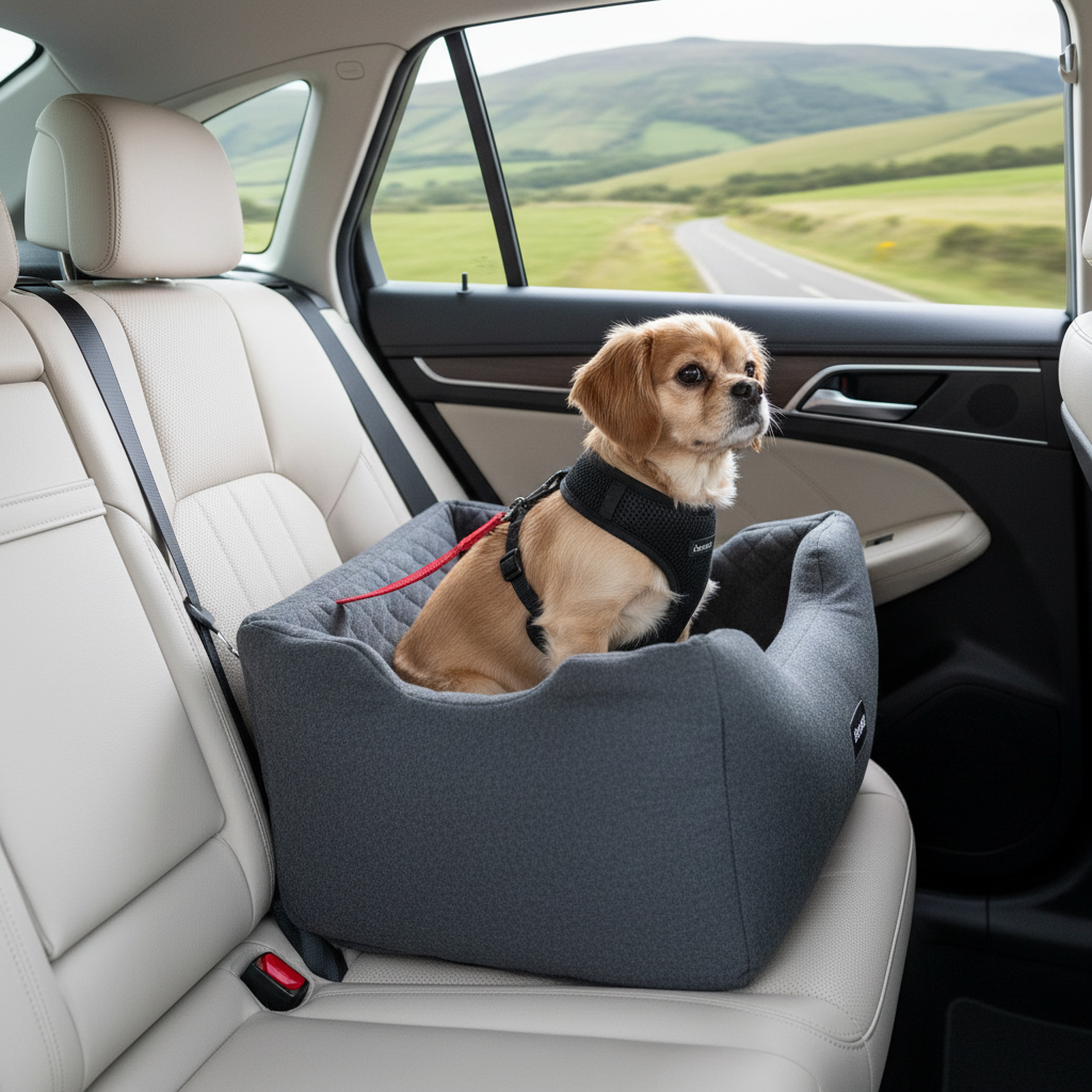 Small dog sitting securely in a booster-style dog car seat with harness tether in a compact car