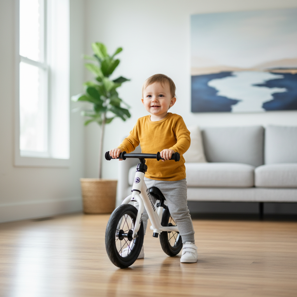 Toddler standing over a balance bike with feet flat on the ground for proper sizing