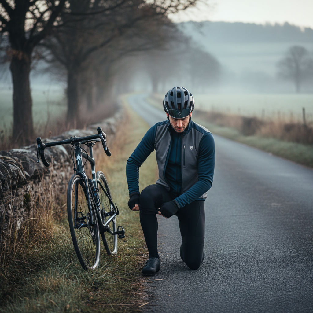 Cyclist adjusting knee warmers and zipping jacket before a cold weather ride