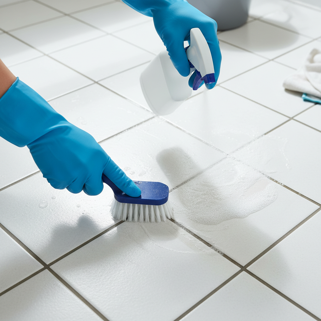 Cleaning bathroom tile grout with a scrub brush and spray cleaner