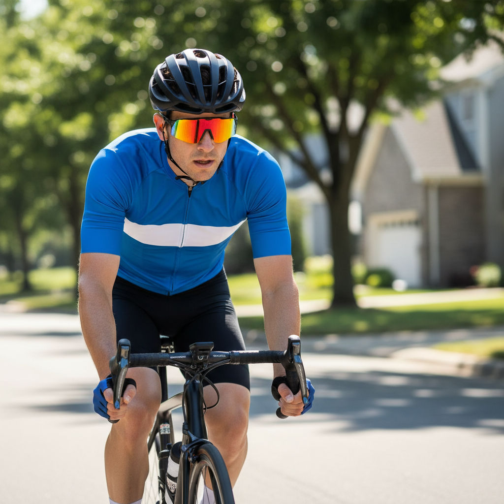 Man wearing cycling sunglasses on a road bike with clear visibility and secure fit