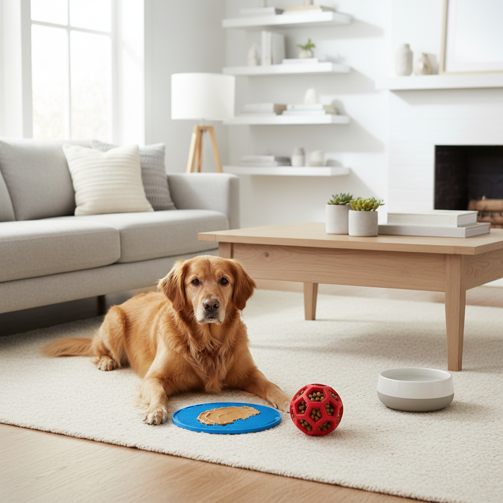 Enrichment setup for a dog home alone with puzzle toys and lick mat