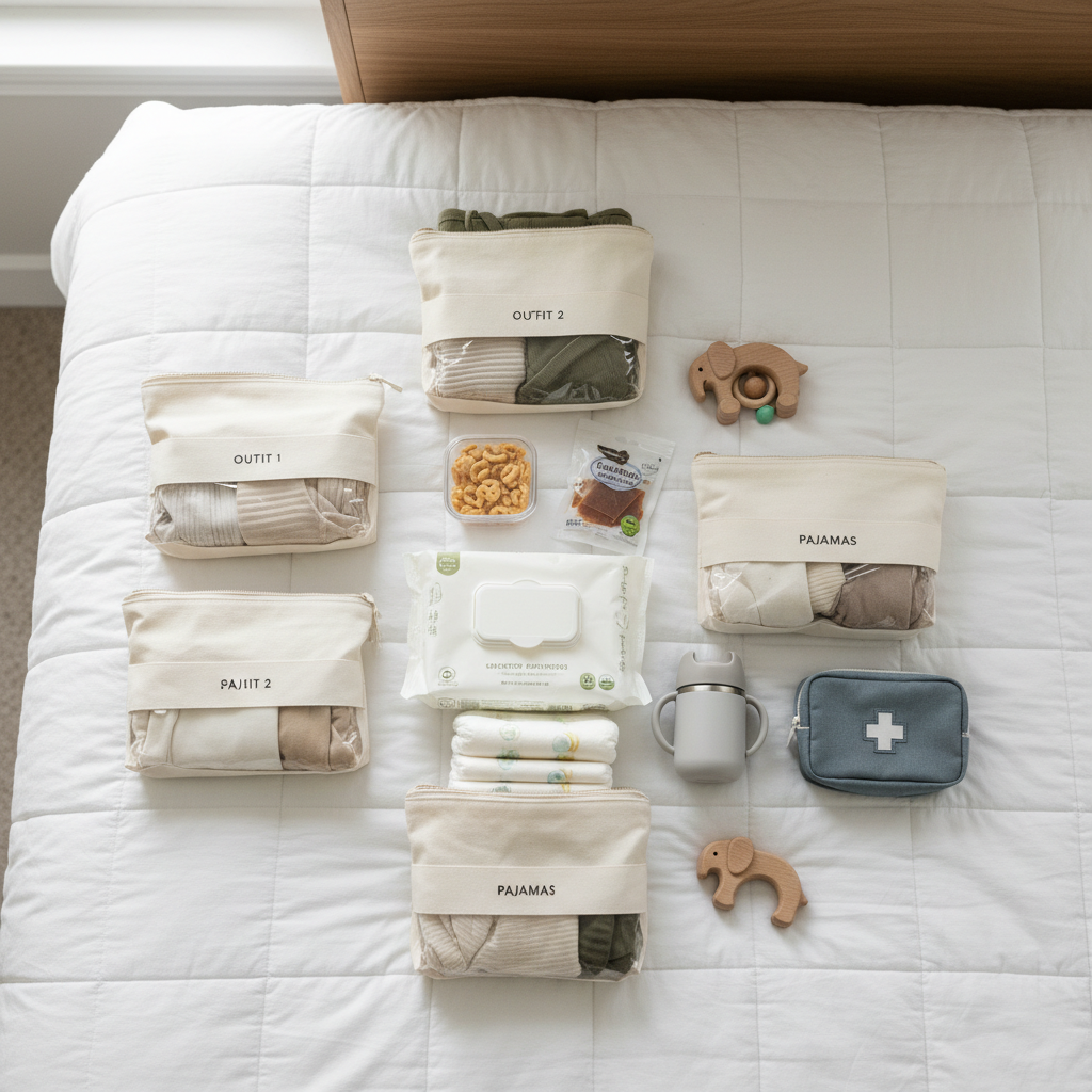 Toddler travel packing list with snacks, diapers, wipes, and small toys laid out neatly
