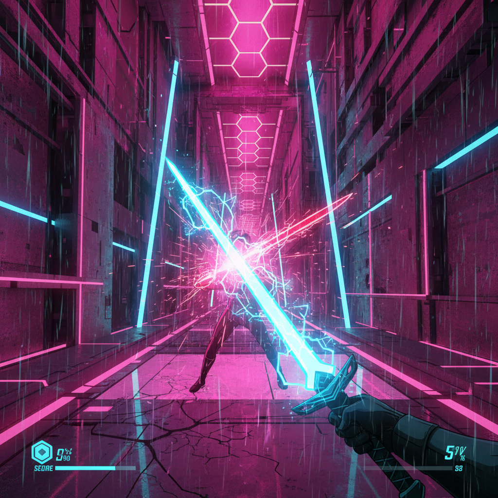 Neon roguelike VR sword combat scene with player blocking an attack